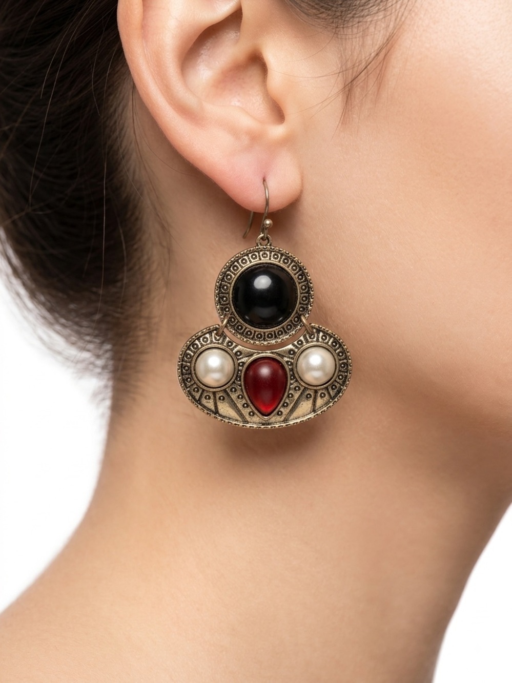 Antique-Style Drop Earrings with Black, Red and Pearl Accents